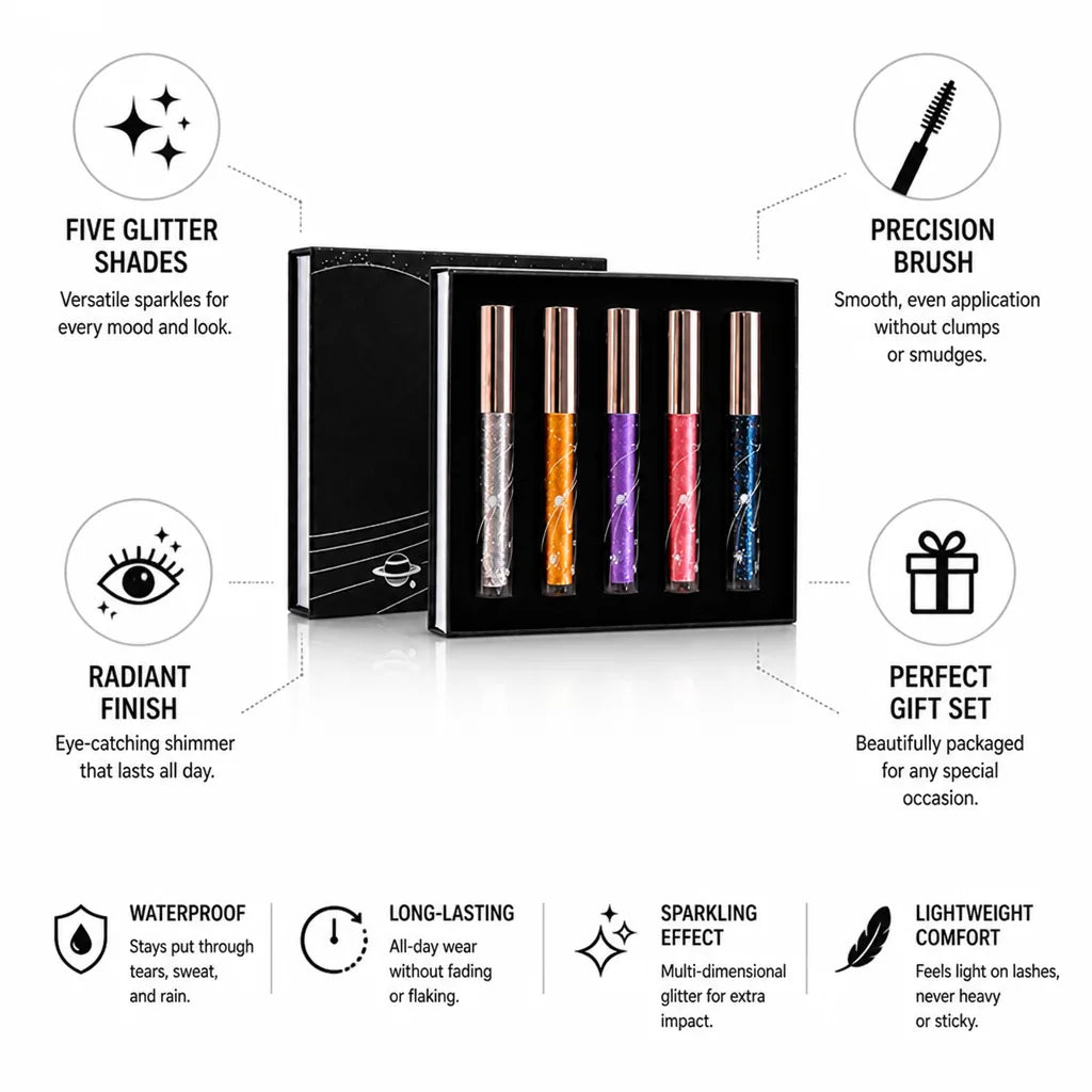 Mascara Set Five Glitter Shades & Precision Brush