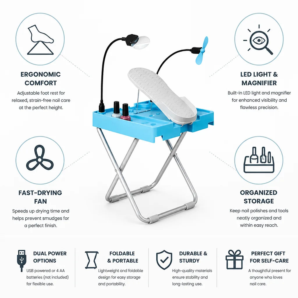 Pedicure Stool Adjustable LED Light & Magnifier Fast-Drying Fan