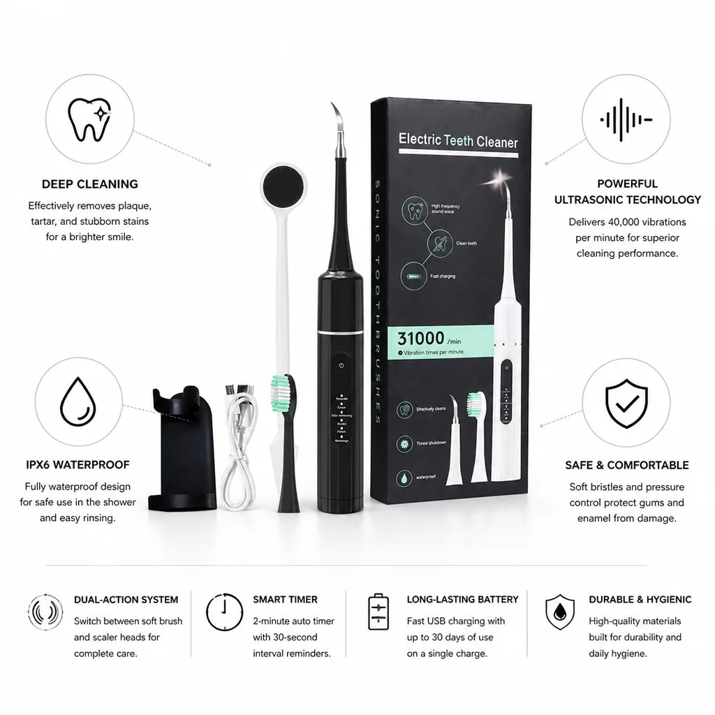 Ultrasonic Teeth Cleaner Dual-Head Brush & Scaler 40,000 Vibrations