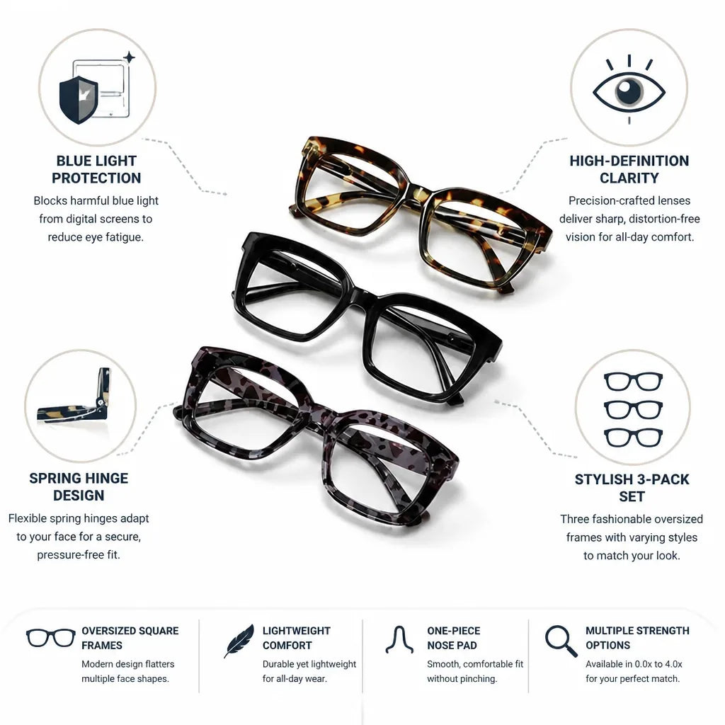 Reading Glasses Set Oversized Square Blue Light Blocking 3-Pack