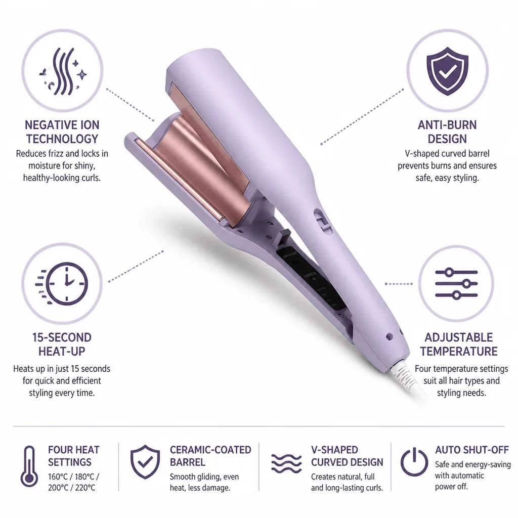 Hair Curler V-Shaped Ceramic Barrel Negative Ion 15-Second Heat-Up