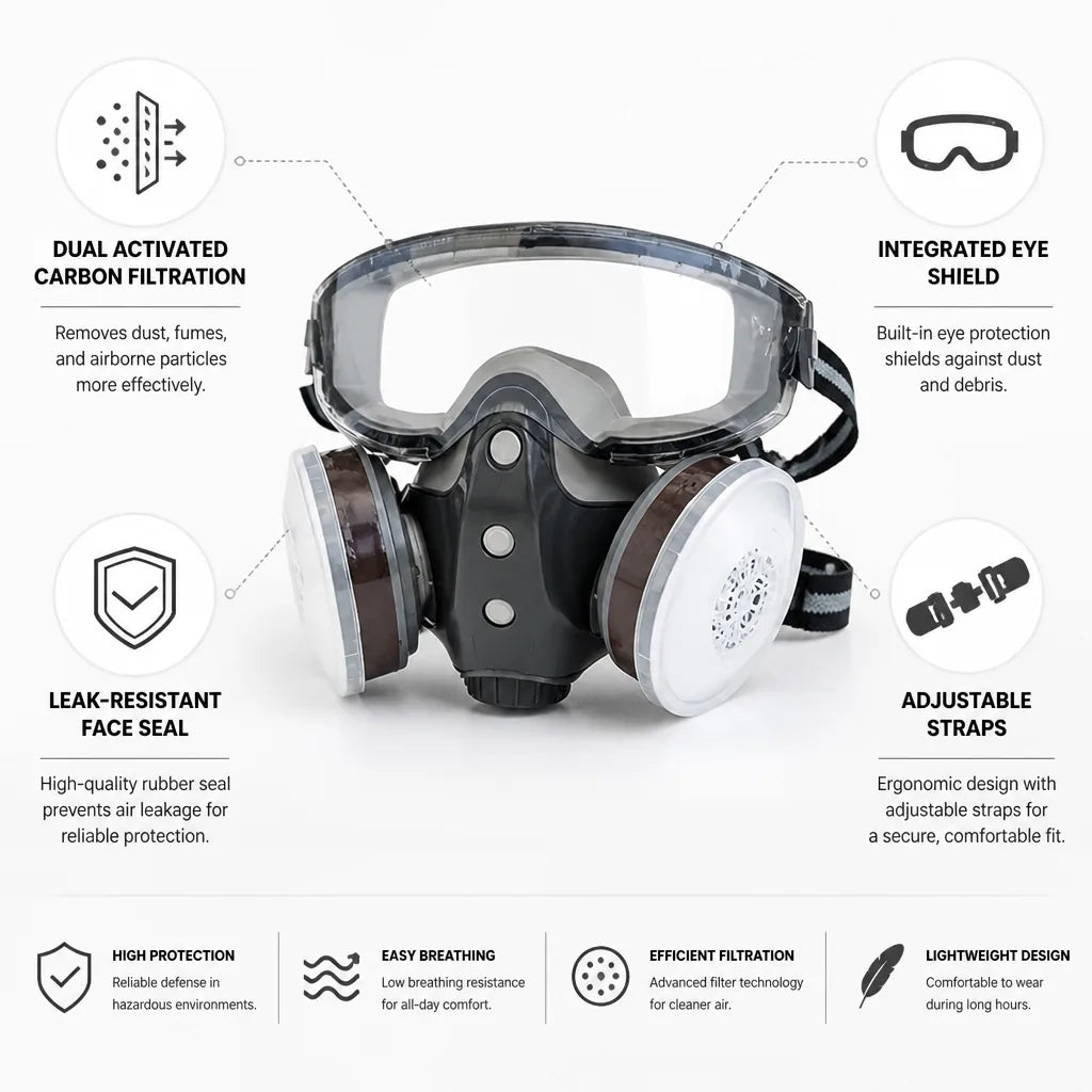Respirator Mask Dual Activated Carbon Filters Integrated Eye Shield