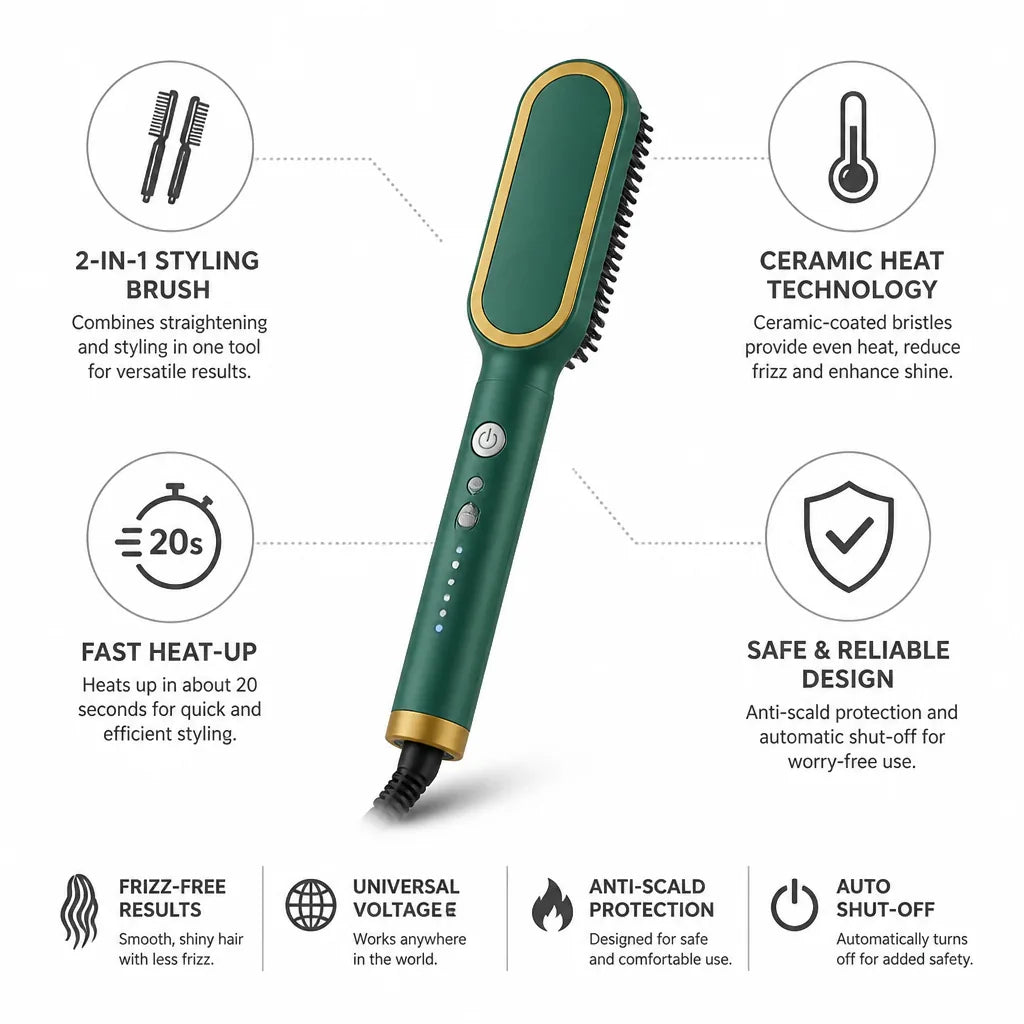 Hair Straightening Brush 2-in-1 Styling & Ceramic-Coated Bristles
