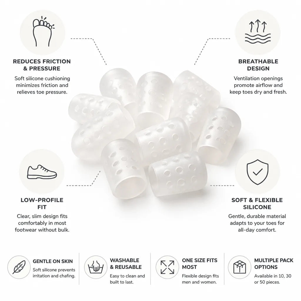 Toe Protector Sleeve Soft Silicone Low-Profile & Ventilated 10 Pack