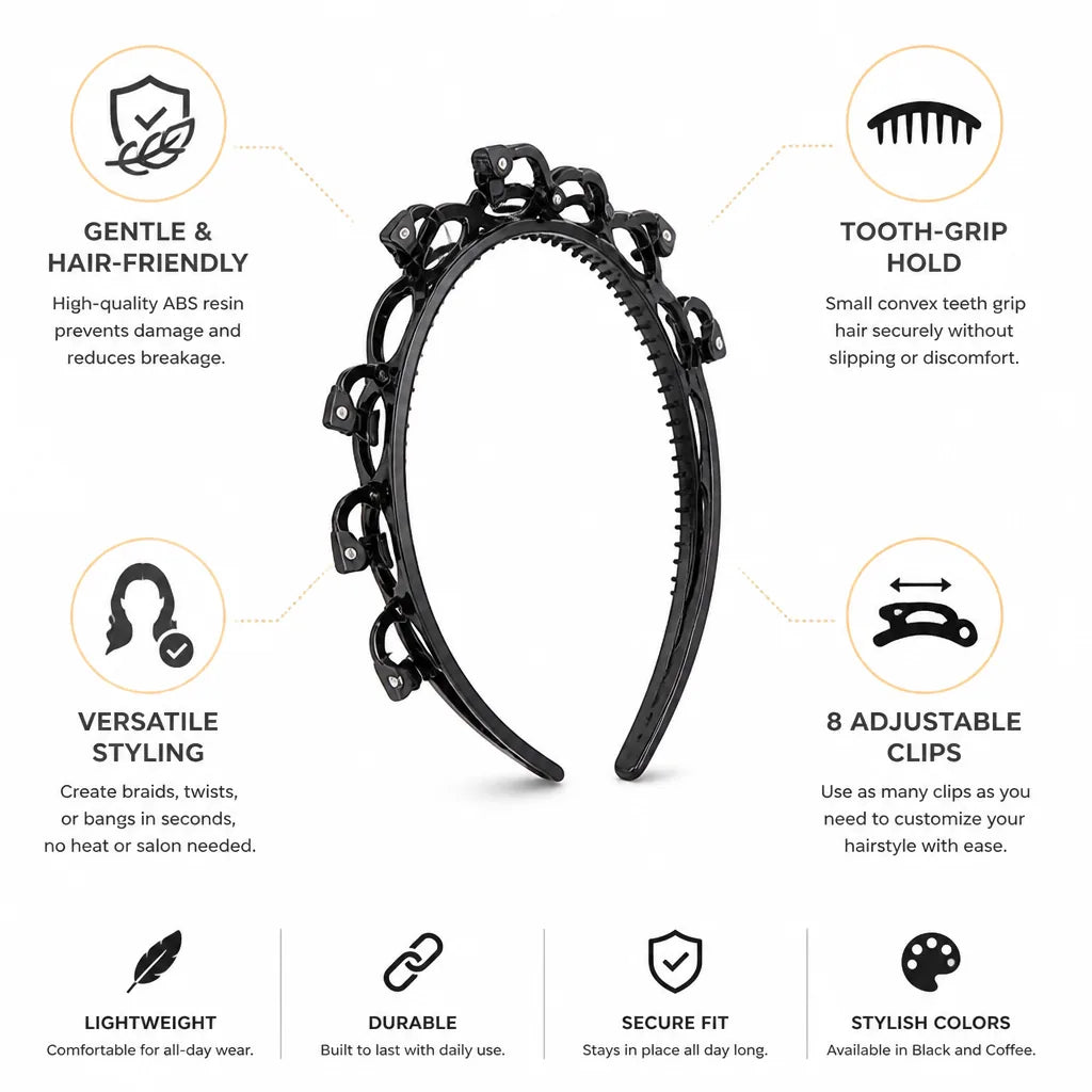 Hair Styling Headband 8 Adjustable Clips & Tooth-Grip