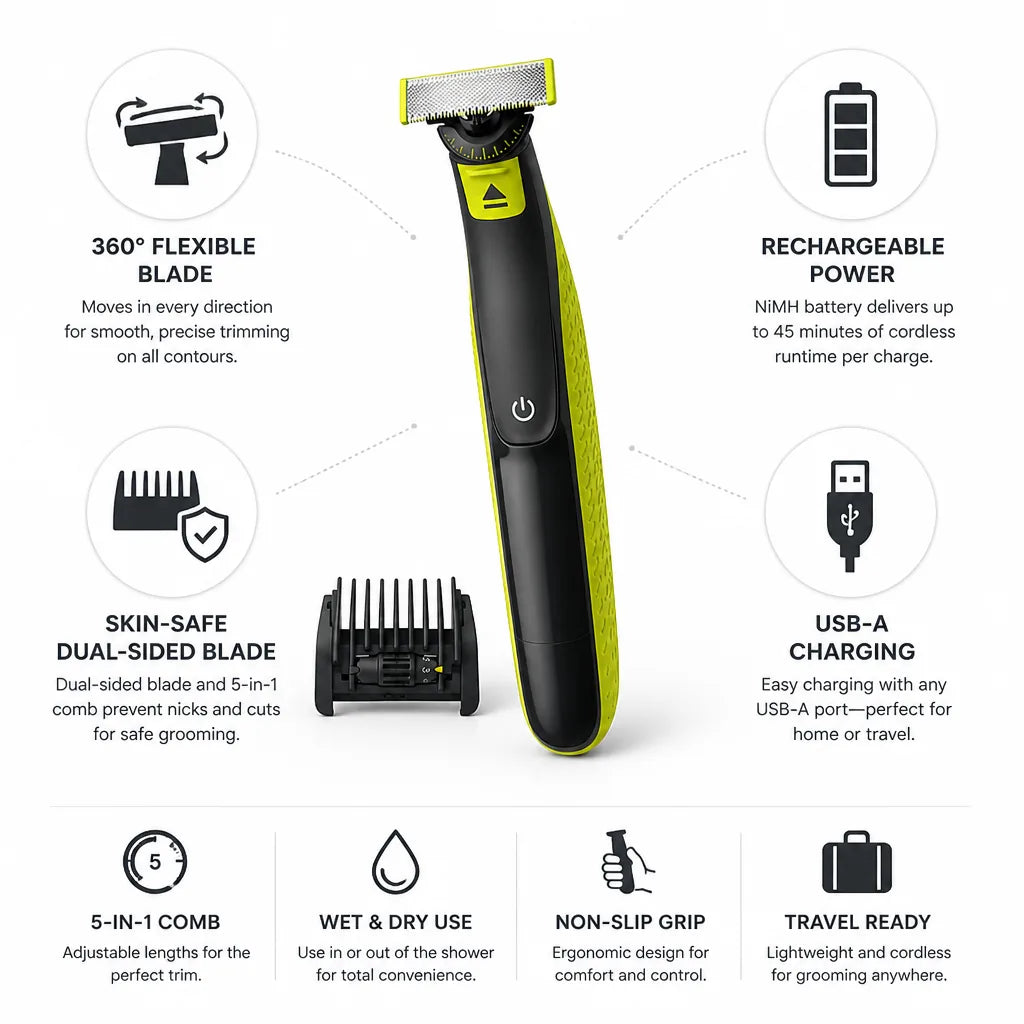 Grooming Trimmer 360° Flexible Blade USB Rechargeable