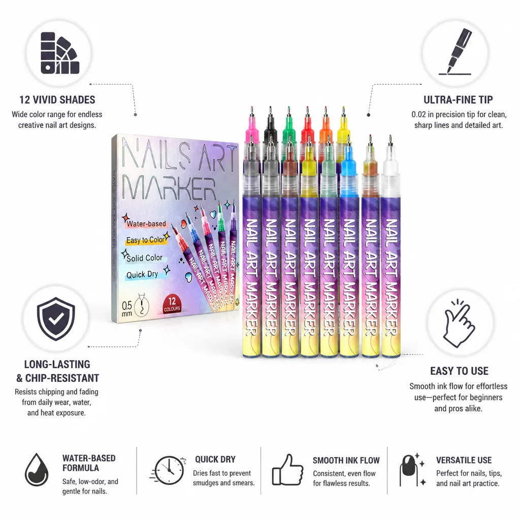 Nail Art Pens Ultra-Fine Tip 12 Vivid Shades