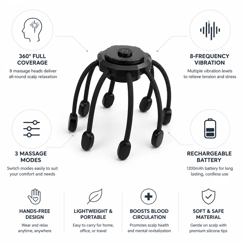 Head & Scalp Massager 360° Coverage Adjustable Vibration