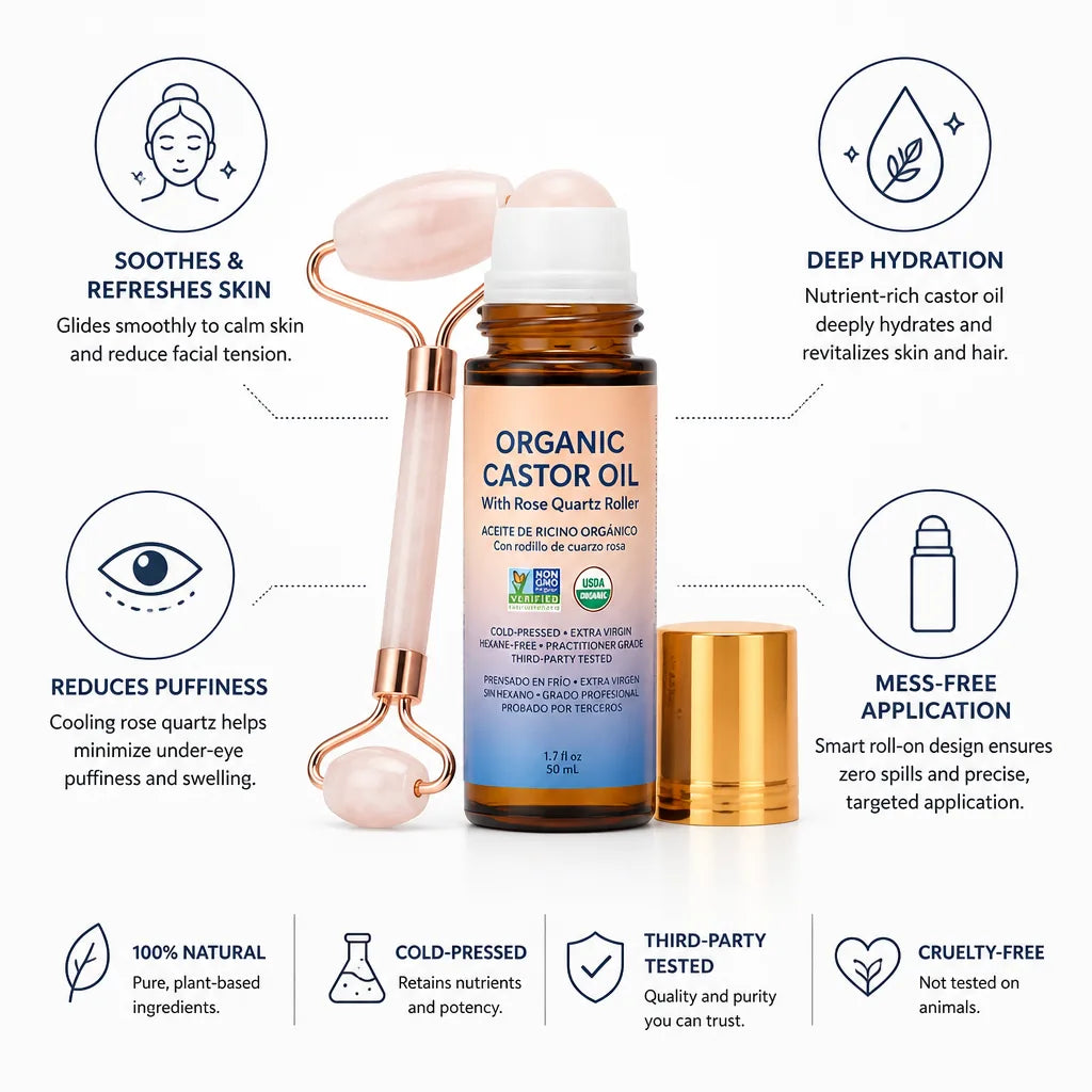 Facial Massage Set Rose Quartz Roller & Organic Castor Oil