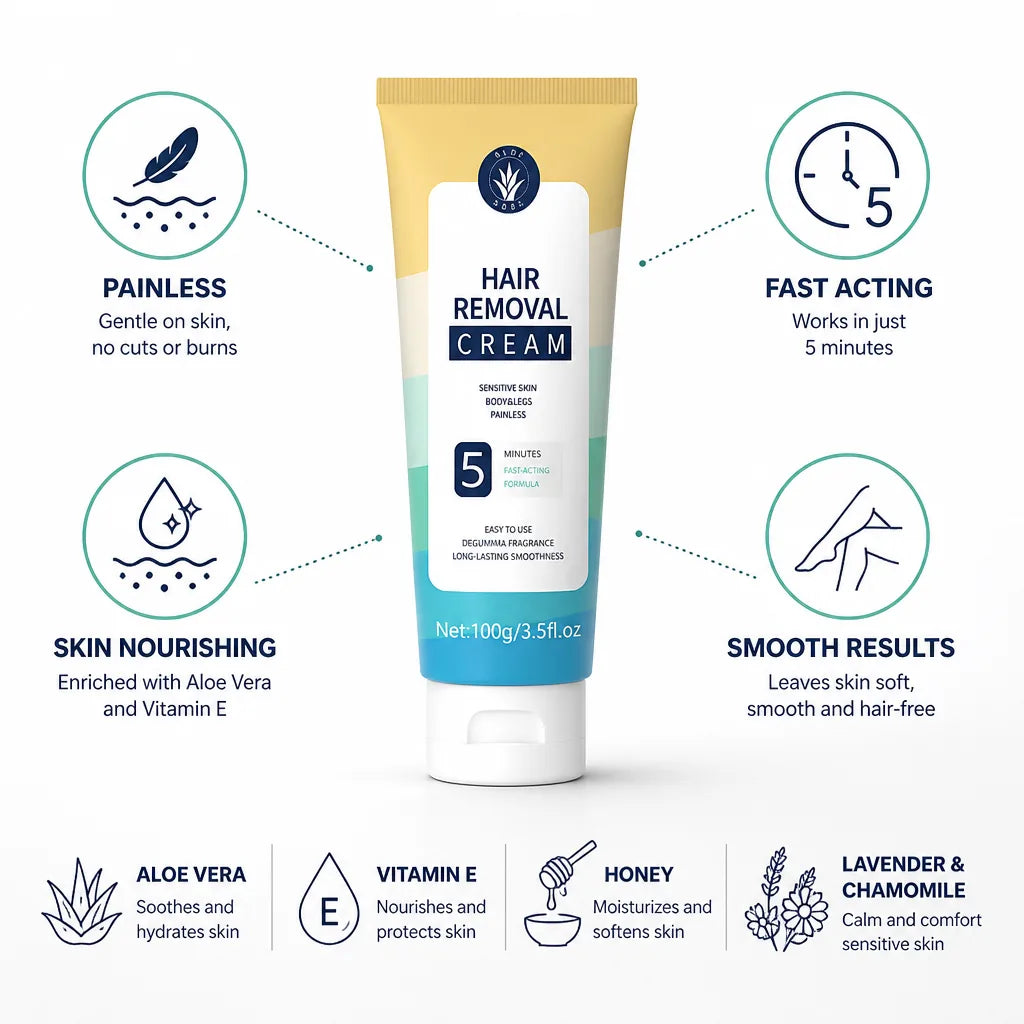 Depilatory Cream Painless Fast-Acting Aloe Vera & Vitamin E