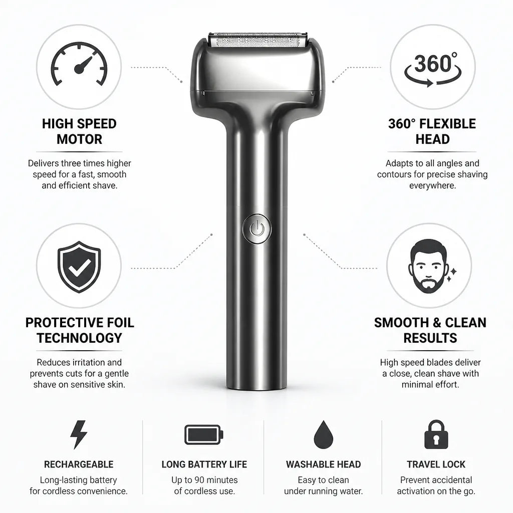 Electric Foil Shaver 360° Flexible Head & Protective Foil