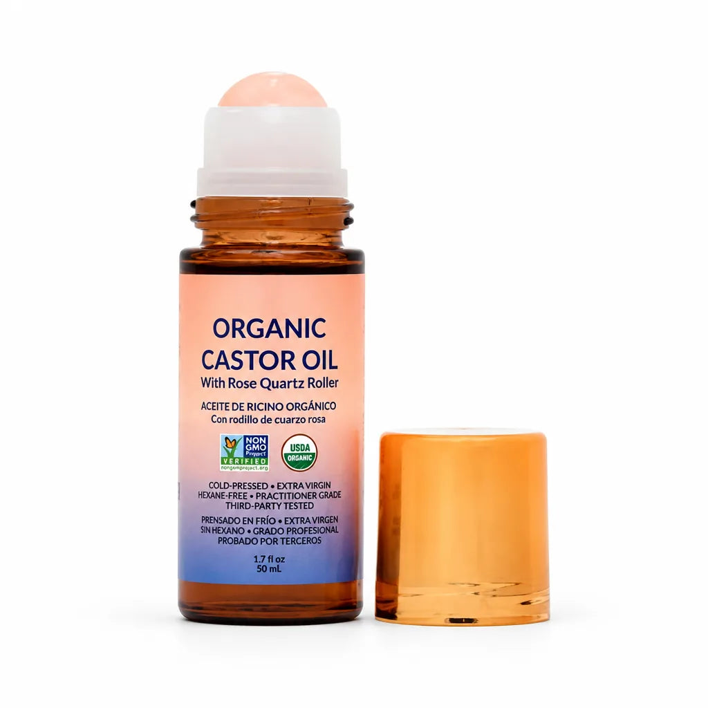 Facial Massage Set Rose Quartz Roller & Organic Castor Oil