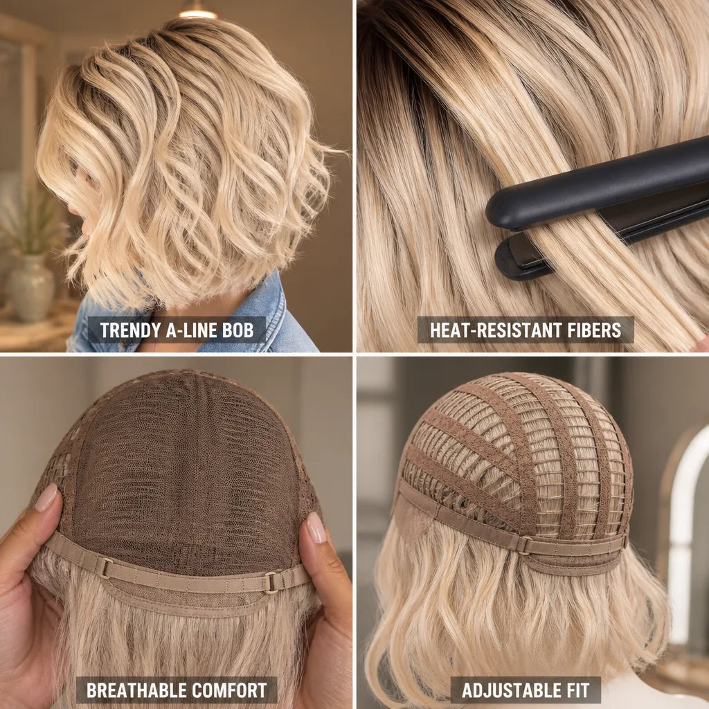 A-Line Bob Wig Wavy Heat-Resistant Fibers Adjustable Cap