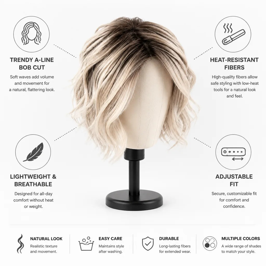 A-Line Bob Wig Wavy Heat-Resistant Fibers Adjustable Cap