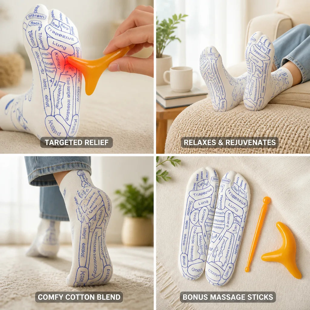 Acupressure Socks Diagram-Guided Cotton Blend Includes 2 Massage Sticks