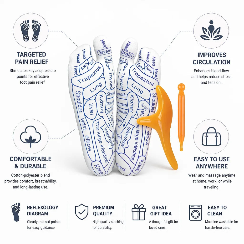 Acupressure Socks Diagram-Guided Cotton Blend Includes 2 Massage Sticks