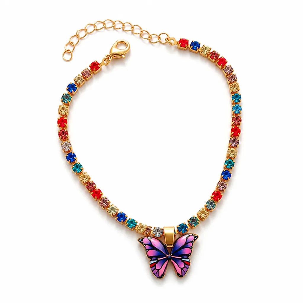 Anklet Butterfly Rhinestone Colorful Metal Finish