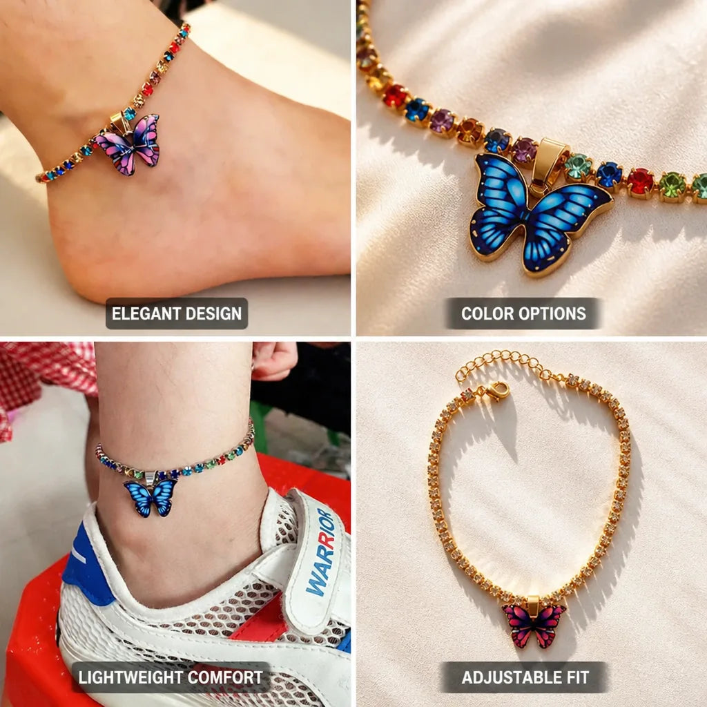 Anklet Butterfly Rhinestone Colorful Metal Finish
