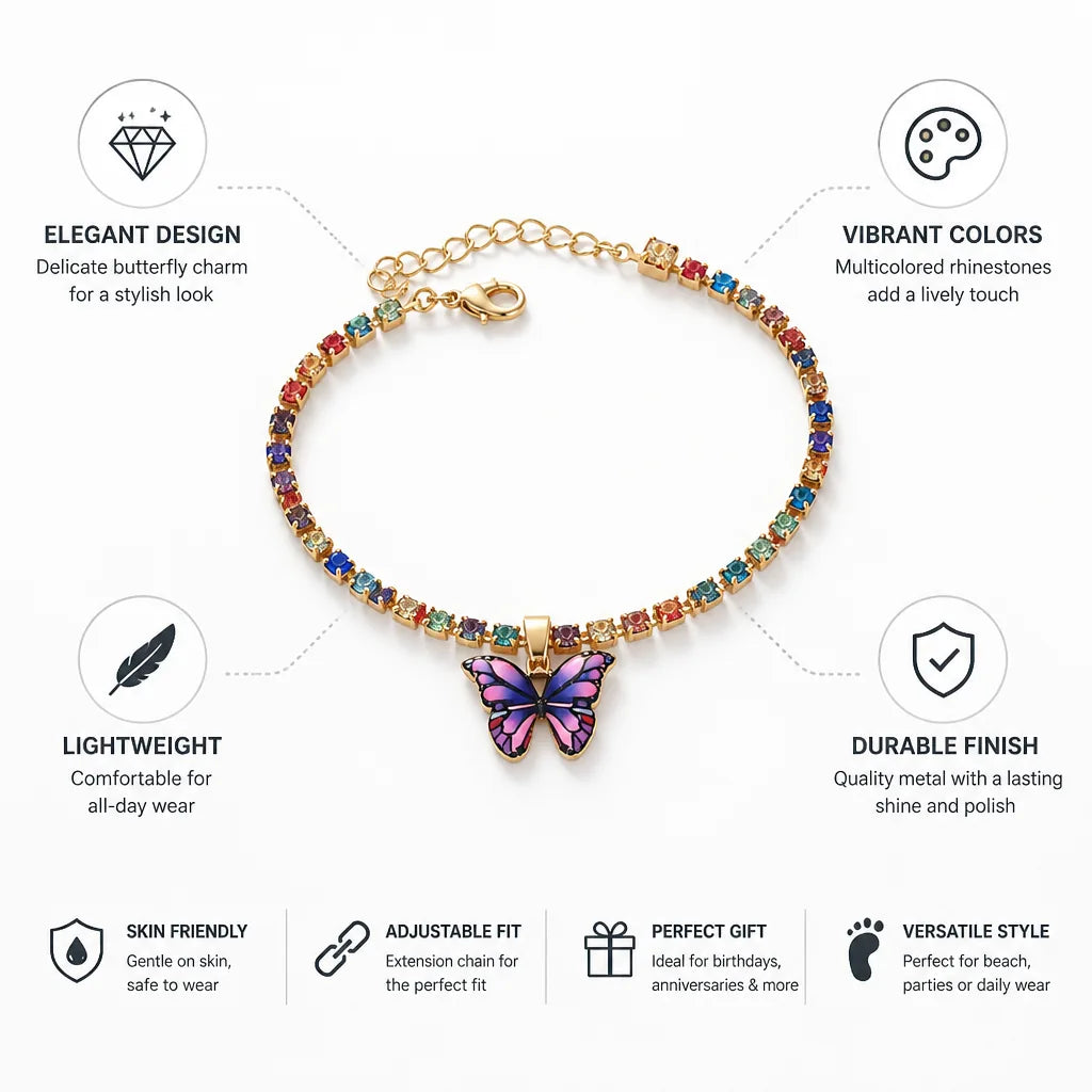 Anklet Butterfly Rhinestone Colorful Metal Finish