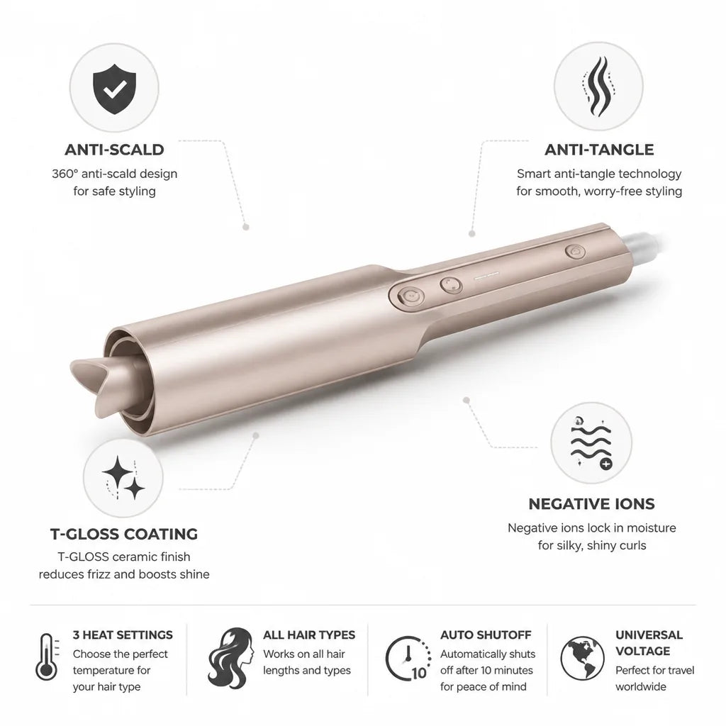 Automatic Hair Curler Anti-Tangle Negative Ions 3 Heat Settings
