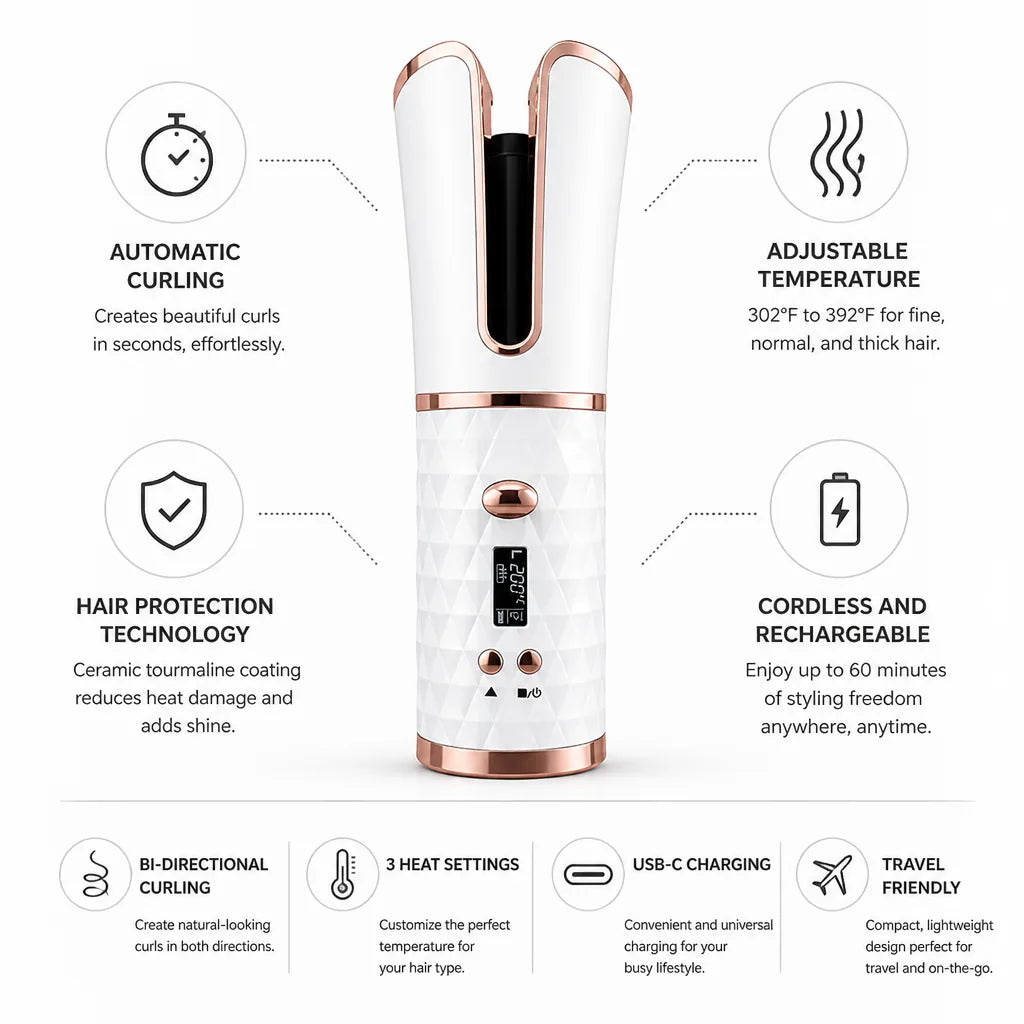 Automatic Hair Curler Cordless Bi-Directional Adjustable Temp