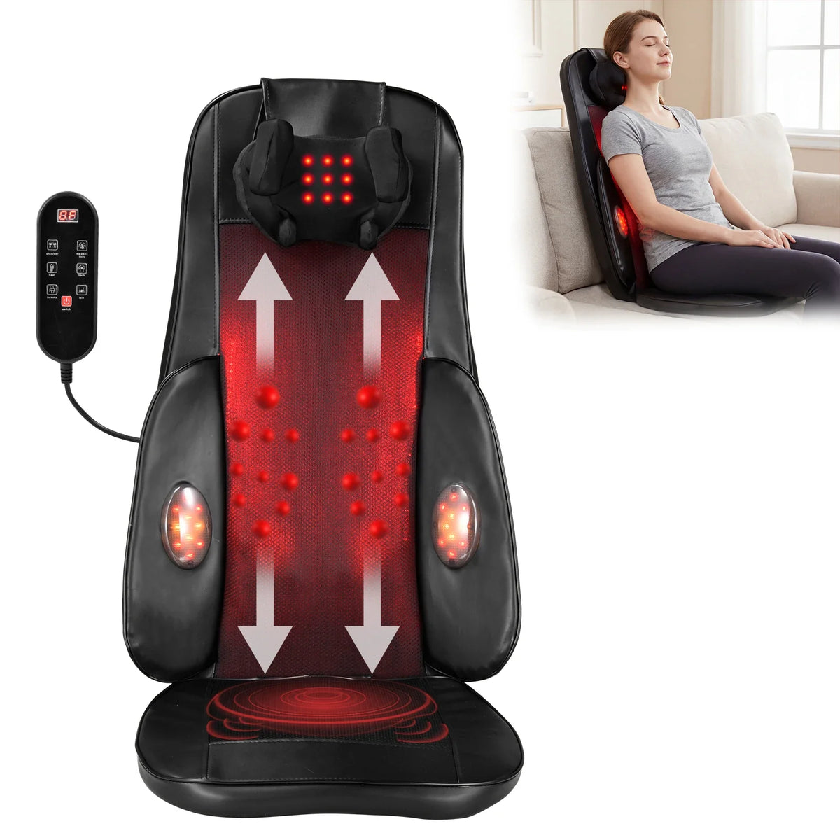 Back Massager Seat Cushion Vibration & Heat Remote Control