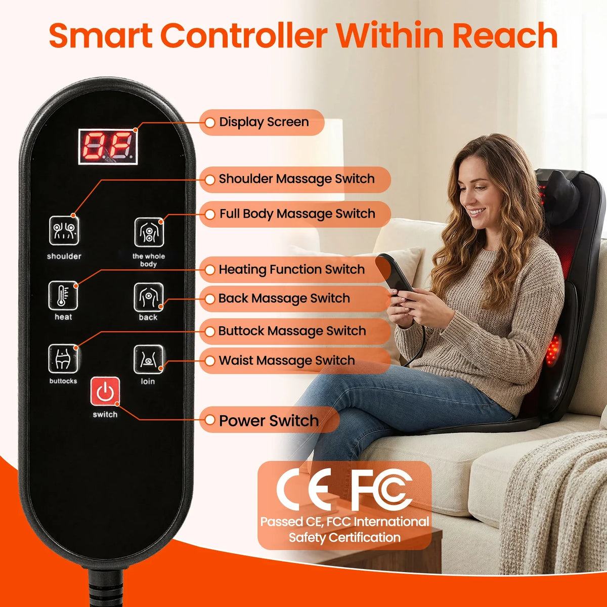 Back Massager Seat Cushion Vibration & Heat Remote Control