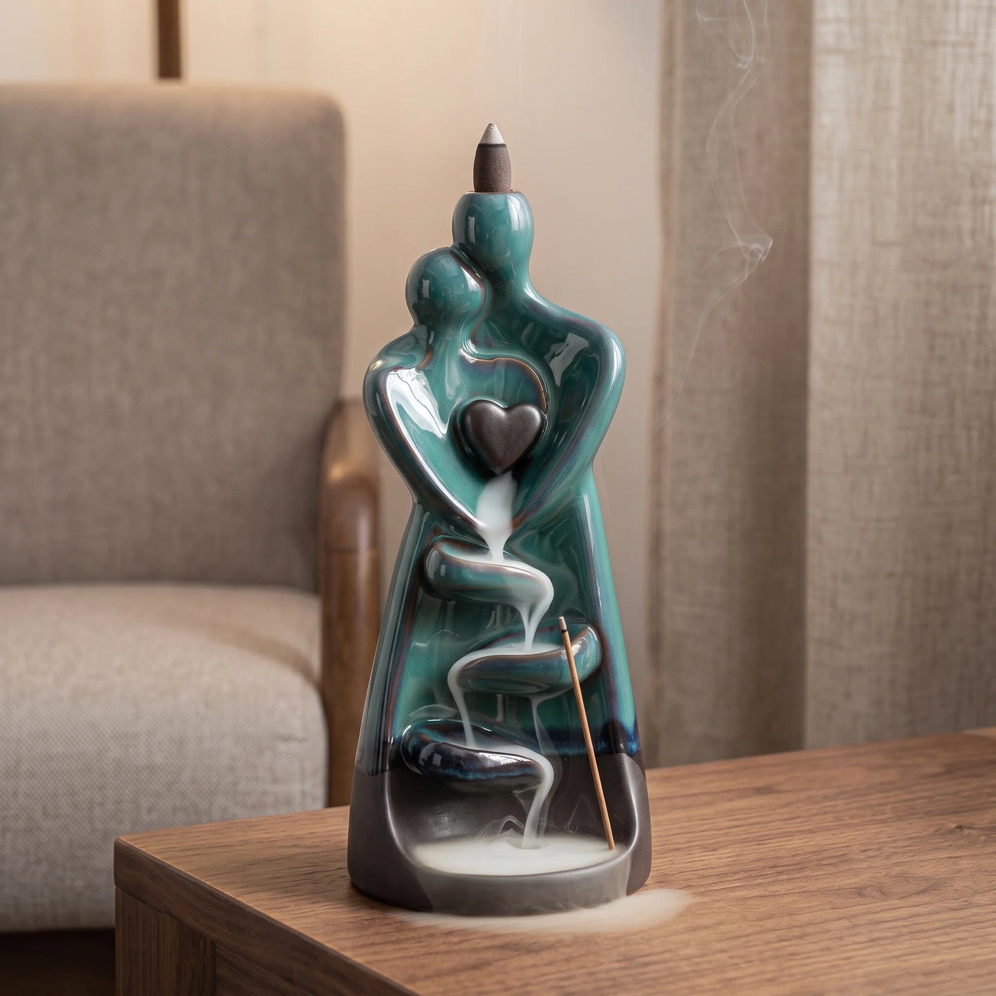 Backflow Incense Burner Ceramic Couple Figurine Cascading Smoke