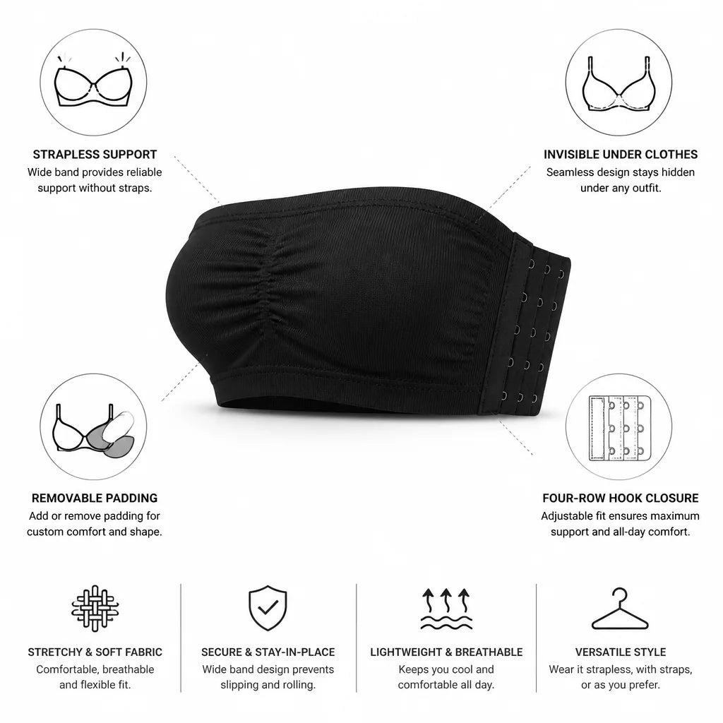 Bandeau Bra Strapless Support Removable Padding & Four-Row Hook