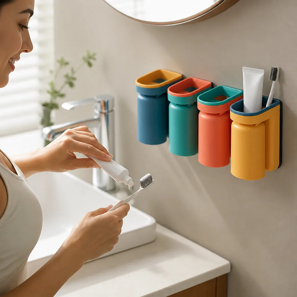 Bathroom Caddy No-Drill Wall Mount Toothbrush & Toothpaste Holder