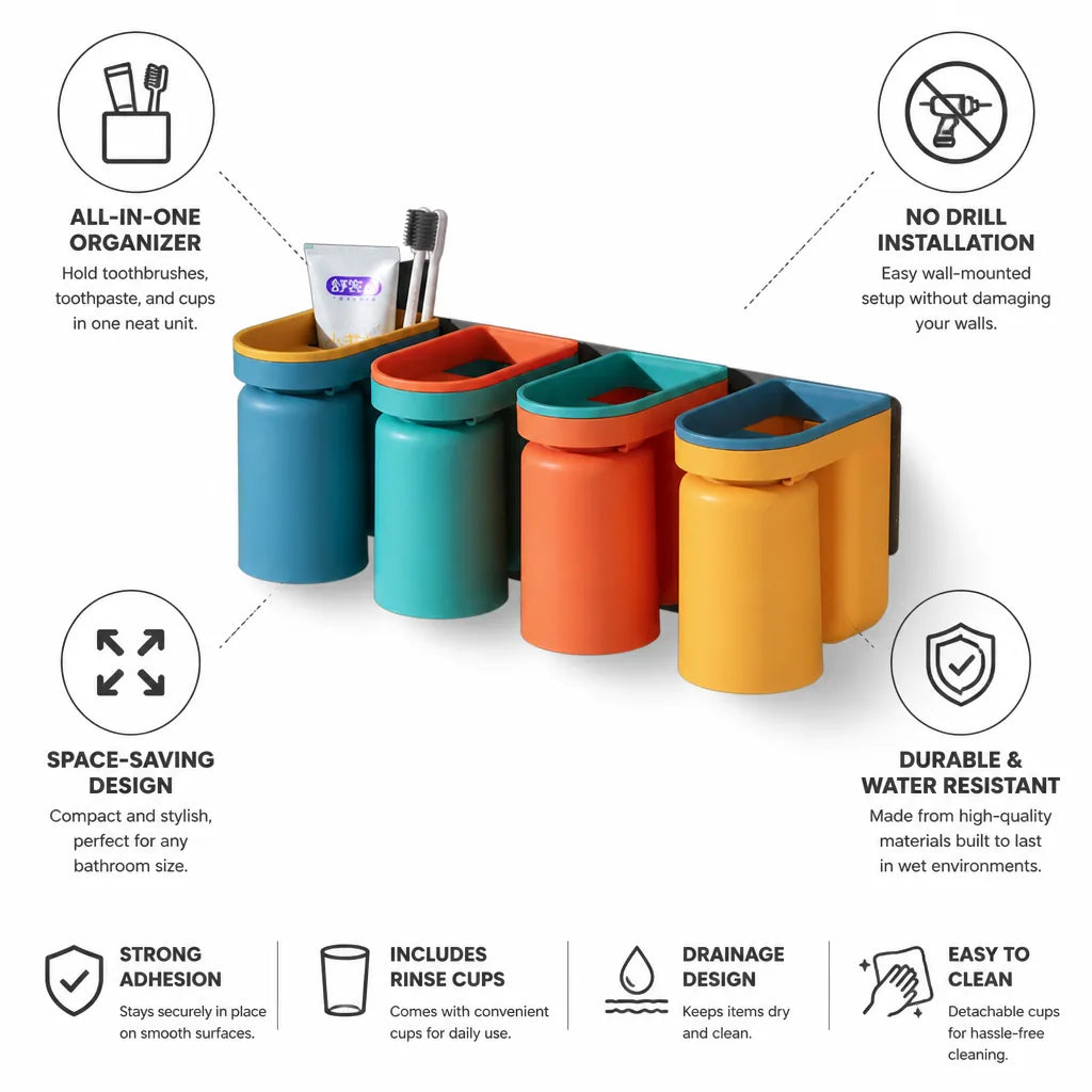 Bathroom Caddy No-Drill Wall Mount Toothbrush & Toothpaste Holder