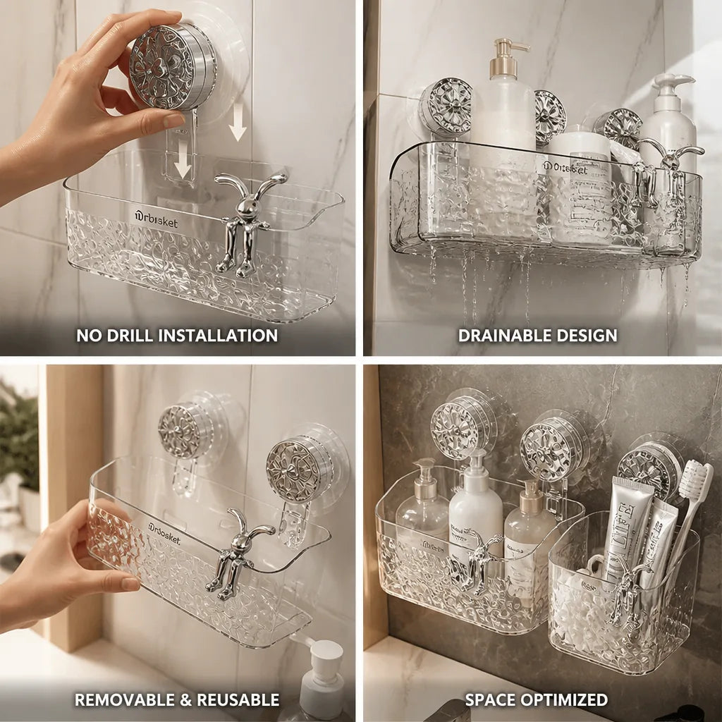 Bathroom Shelf Organizer No-Drill Suction Mount Drainable & Removable