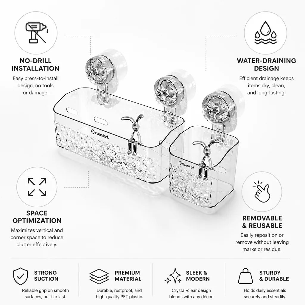 Bathroom Shelf Organizer No-Drill Suction Mount Drainable & Removable