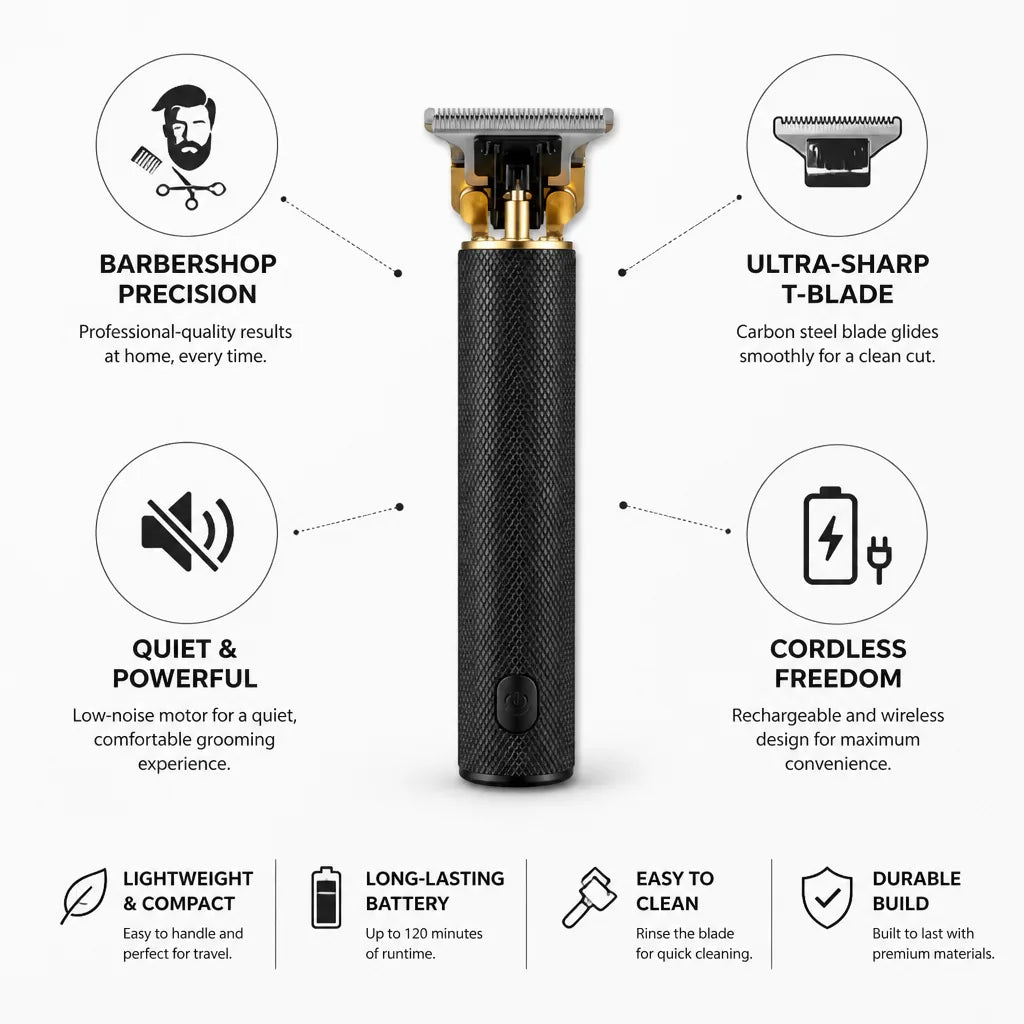 Beard Trimmer Cordless & Quiet Carbon Steel T-Blade