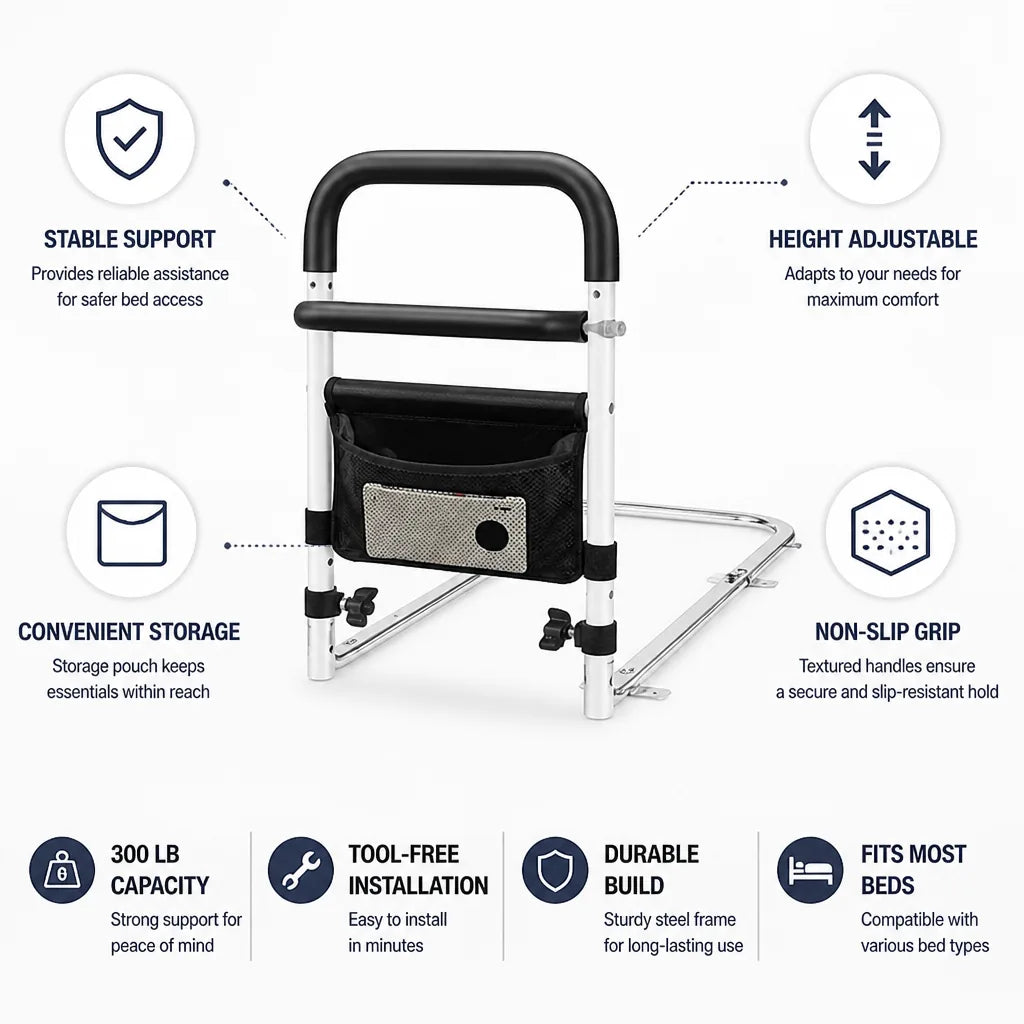 Bed Rail Height Adjustable Non-Slip Storage Pocket