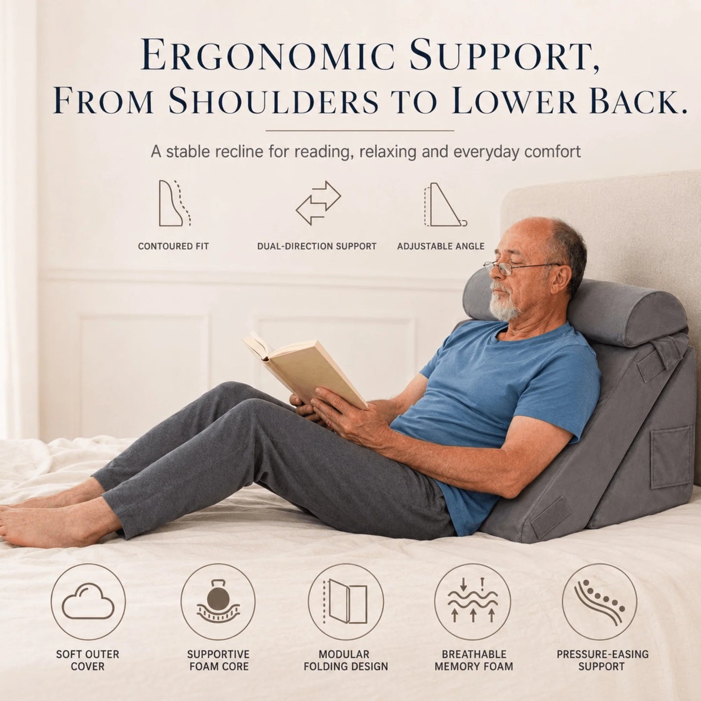 Bed Wedge Pillow Set Adjustable Memory Foam Breathable Cover