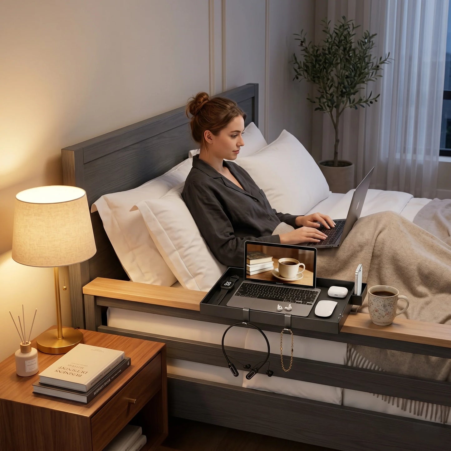 Bedside Tray Clip-On Adjustable Clamp & Cup Holder