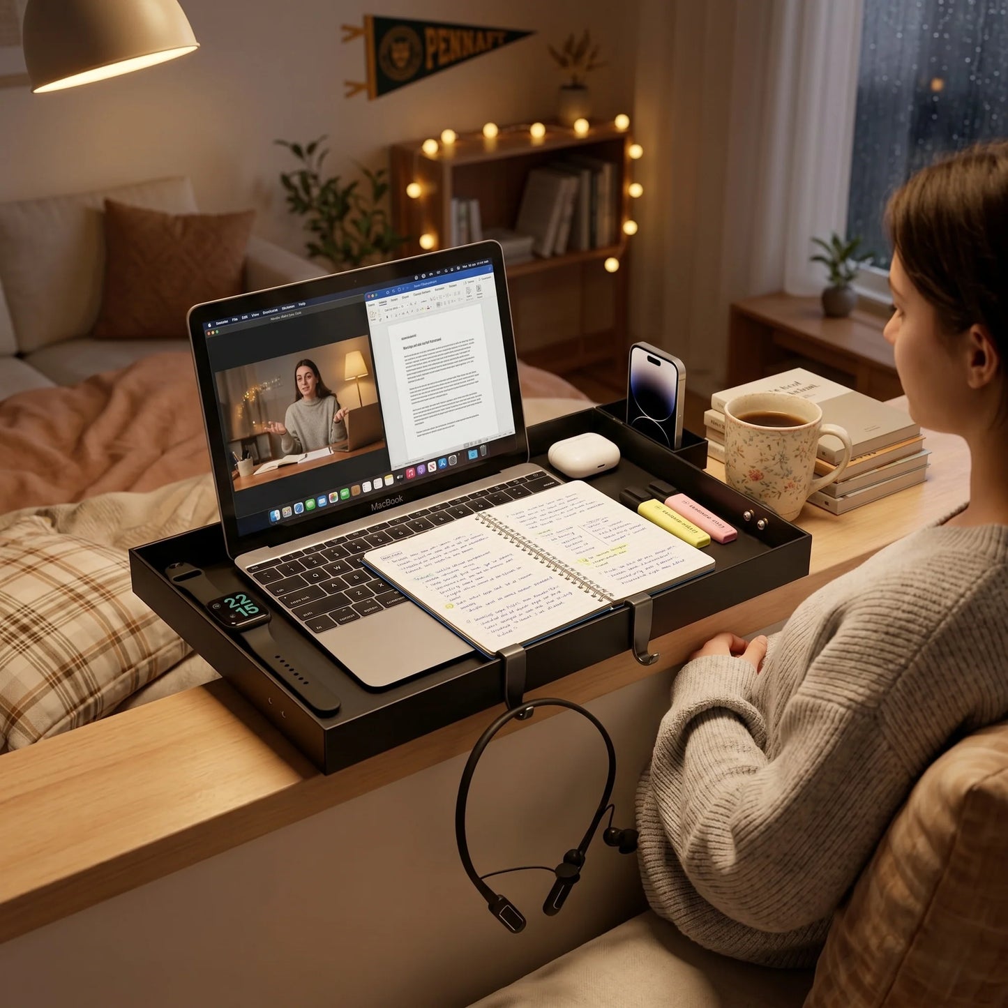 Bedside Tray Clip-On Adjustable Clamp & Cup Holder