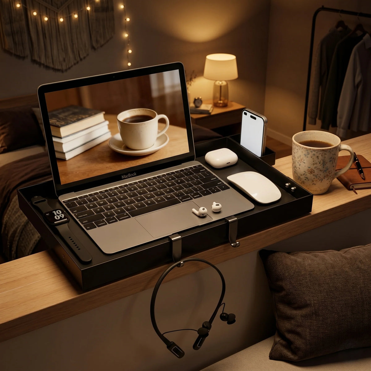 Bedside Tray Clip-On Adjustable Clamp & Cup Holder