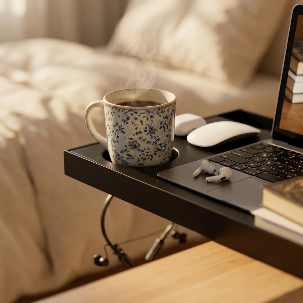 Bedside Tray Clip-On Adjustable Clamp & Cup Holder