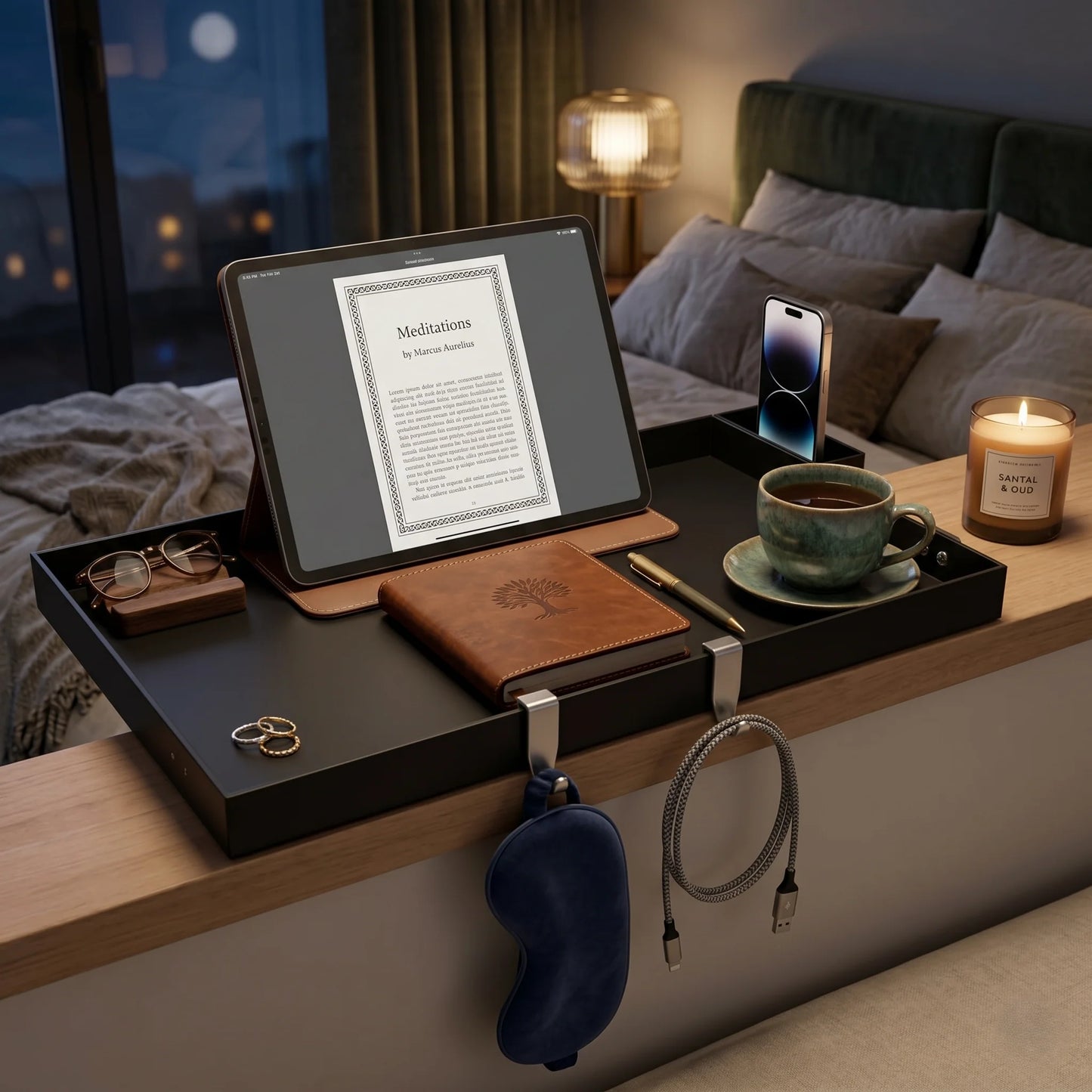 Bedside Tray Clip-On Adjustable Clamp & Cup Holder