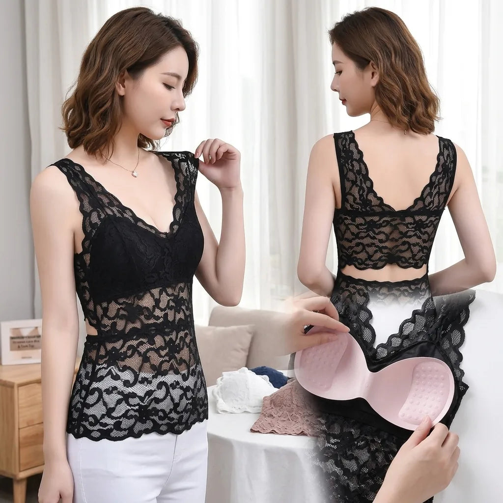 Bra Wireless Lace Tank Top Wide Straps