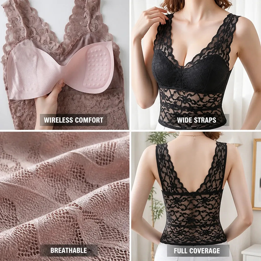 Bra Wireless Lace Tank Top Wide Straps