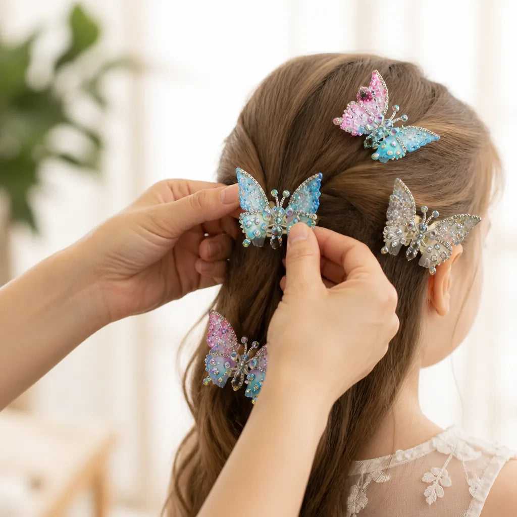 Butterfly Hair Clips Rhinestone Non-Pull Set of 8