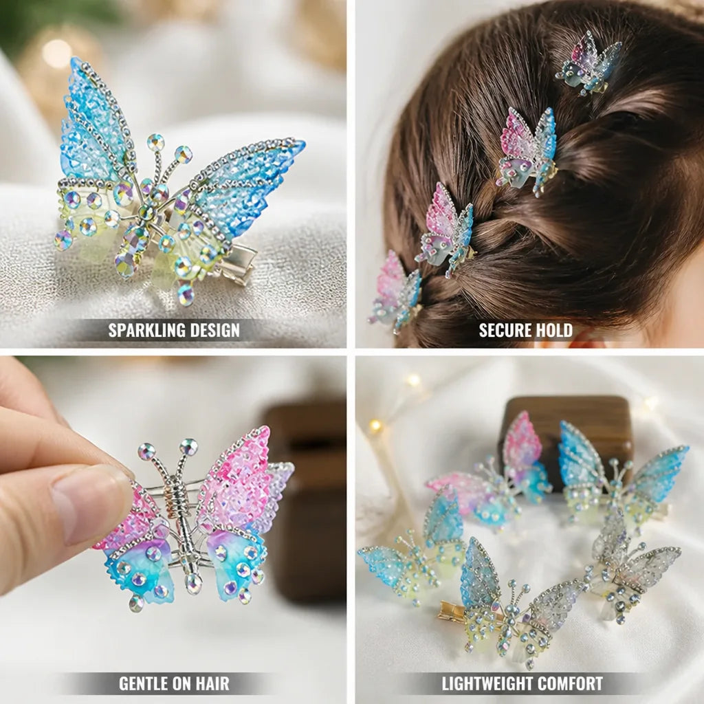 Butterfly Hair Clips Rhinestone Non-Pull Set of 8