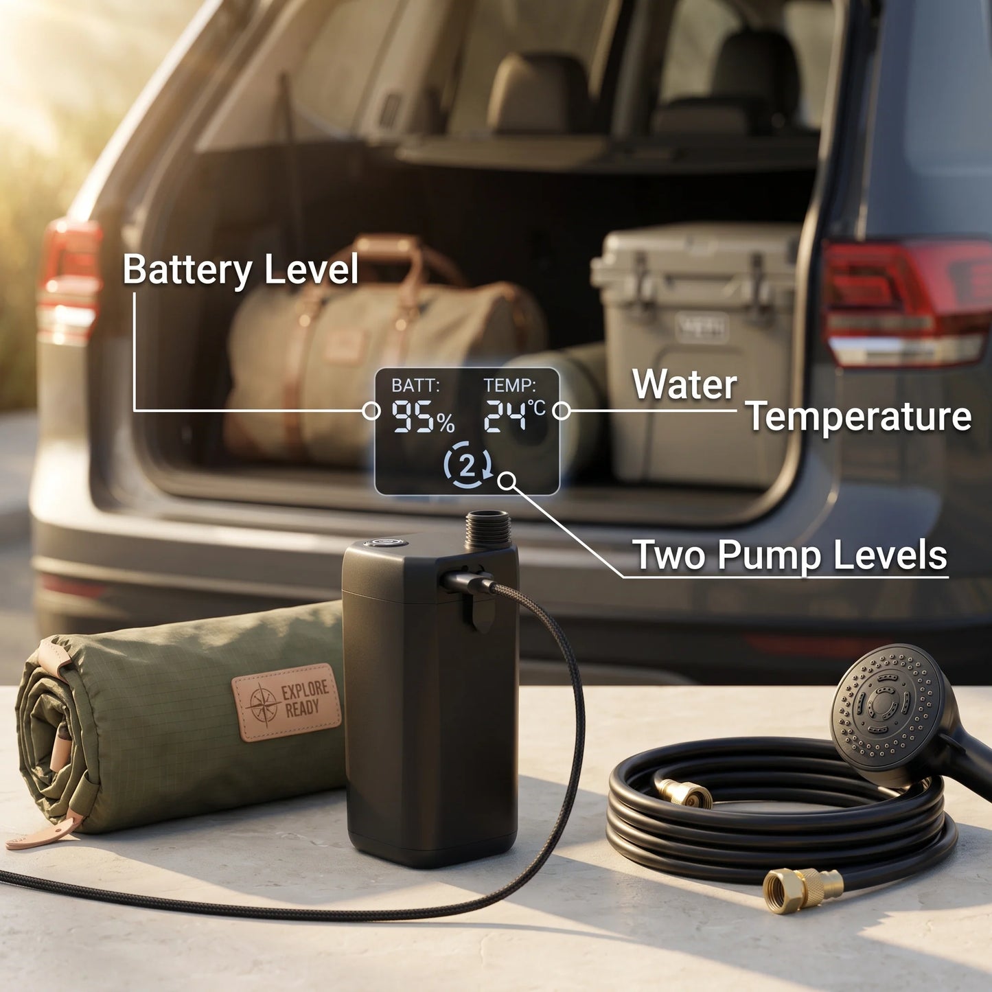 Camping Shower Rechargeable 6000mAh LED Temperature Display