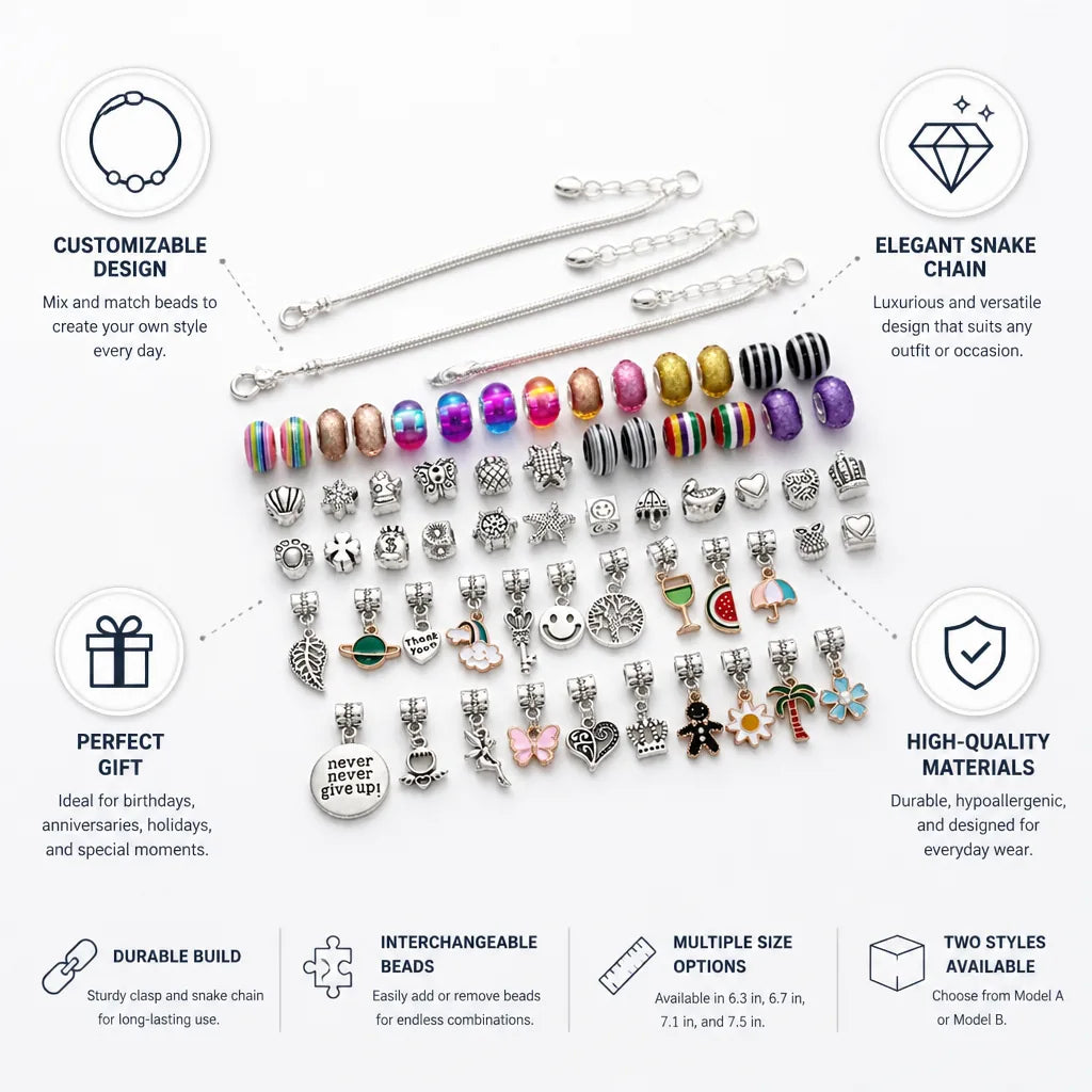 Charm Bracelet Set Snake Chain Interchangeable Beads