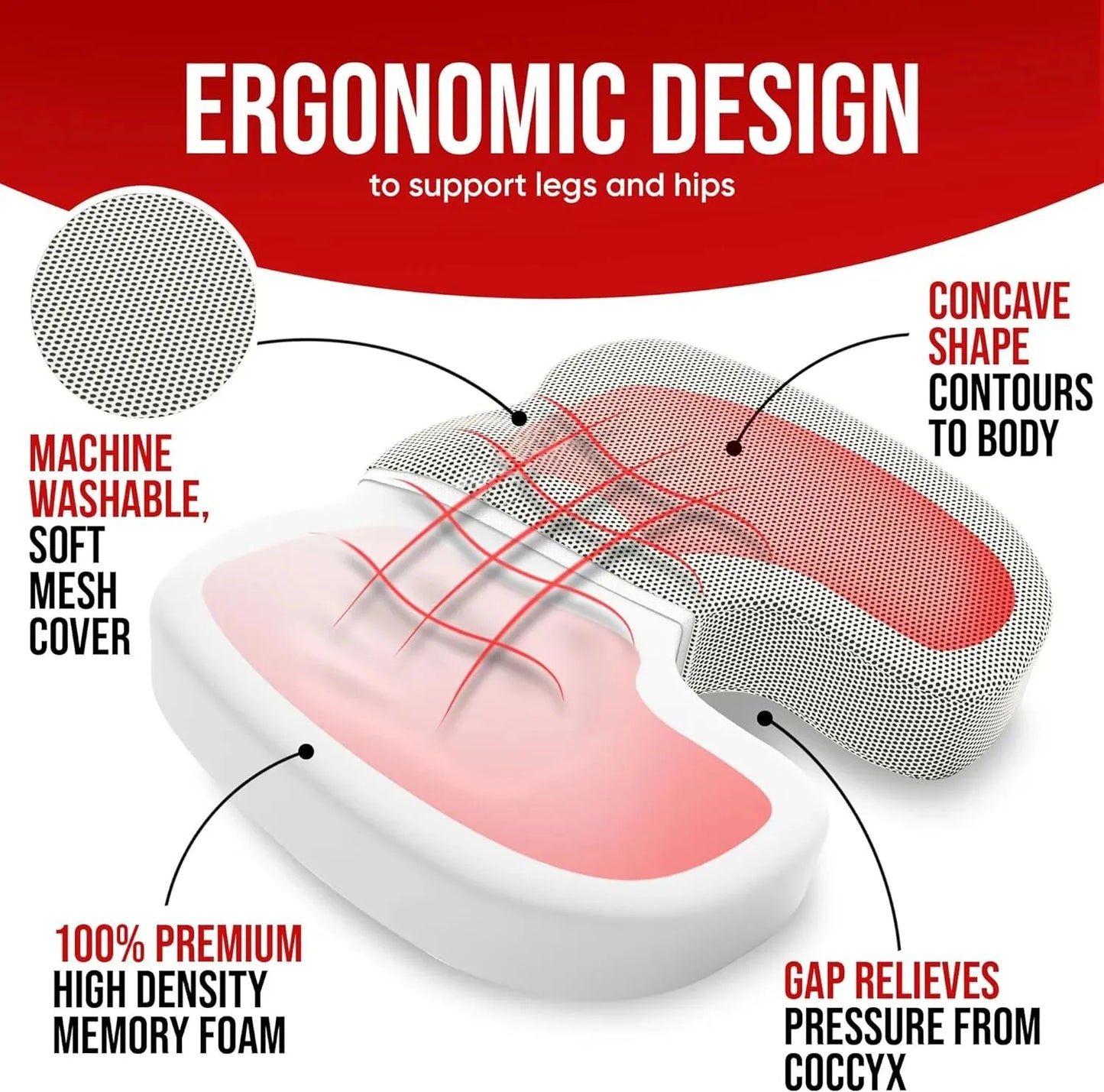 Coccyx Seat Cushion Memory Foam U-Shaped Cut-Out Washable Cover