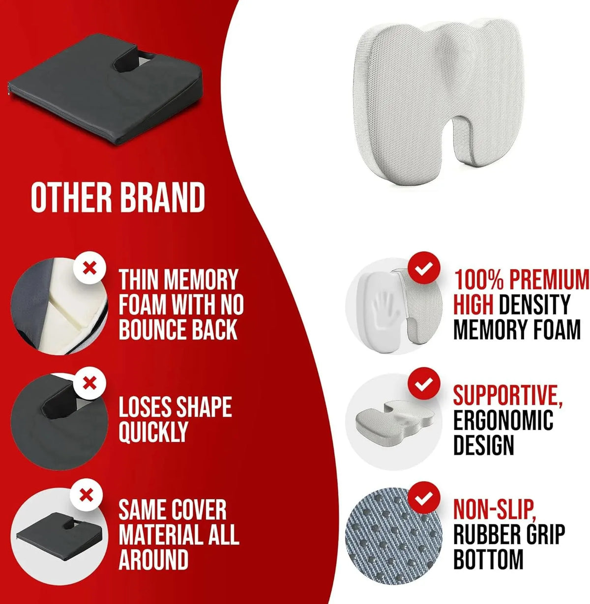 Coccyx Seat Cushion Memory Foam U-Shaped Cut-Out Washable Cover