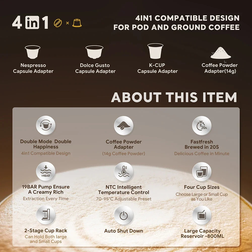 Coffee Maker 4-In-1 Pods & Ground Coffee 19-Bar